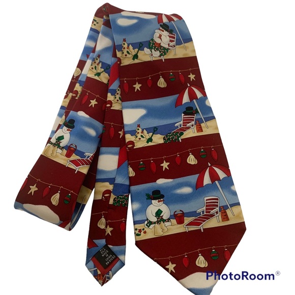 Hallmark Other - Hallmark Holiday Traditions Christmas Snowman On Beach Red Novelty Silk 58" Tie